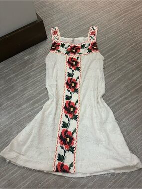 Free People White Mini Dress with Red Floral Embroidery